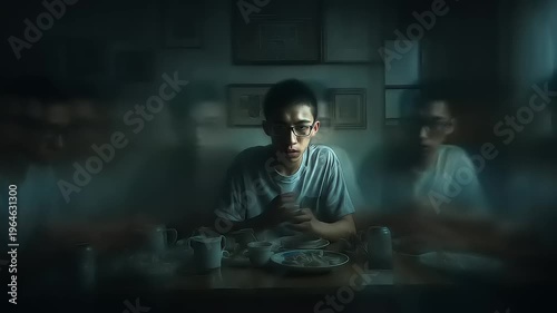 Solitary dining experience depicting inner turmoil and loneliness through expressive visual storytelling and artistic composition