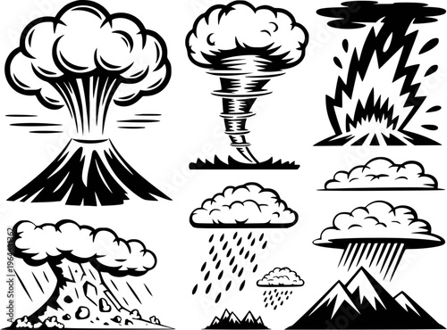 Collection of black and white natural disaster including volcano tornado storm and lightning