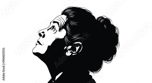 Stylized vector graphic illustration of a woman looking upwards in profile with a pensive expression.