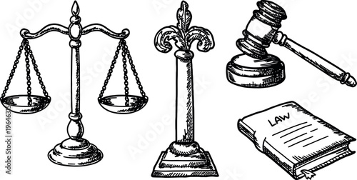Set of law and justice symbols hand drawn sketch vector illustration on transparent background