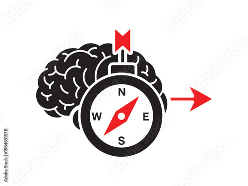 Brain compass and arrow showing direction of thought, decision making, and problem solving concept