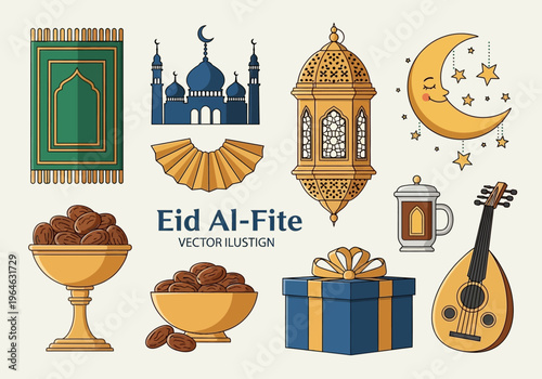 Eid Al-Fitr Islamic Illustration Set - Vector Icons of Mosque, Lantern, Moon, Dates, and Prayer Rug for Ramadan and Muslim Holidays
