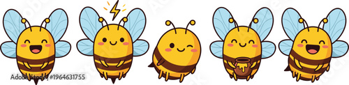 Set of cute honey bee vector characters featuring various emotions and poses including happy, winking, and laughing in a flat minimalist kawaii style.
