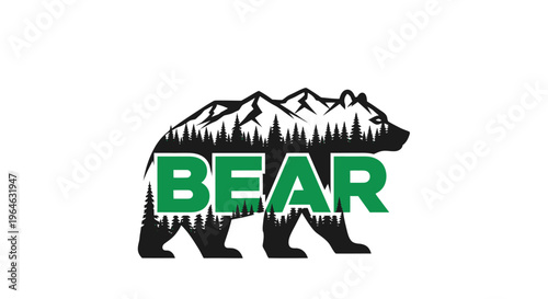 Bear silhouette with mountains and trees, text overlay, nature inspired logo design.