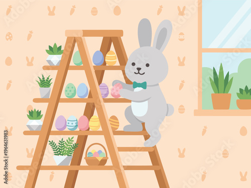 Easter Bunny Decorating Ladder with Eggs and Plants.