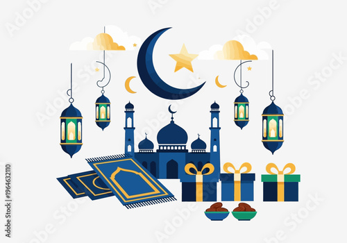 Ramadan Kareem and Eid Mubarak Celebration Illustration with Mosque Silhouette, Hanging Lanterns, Prayer Mats, and Gift Boxes. Islamic Greeting Card Design.