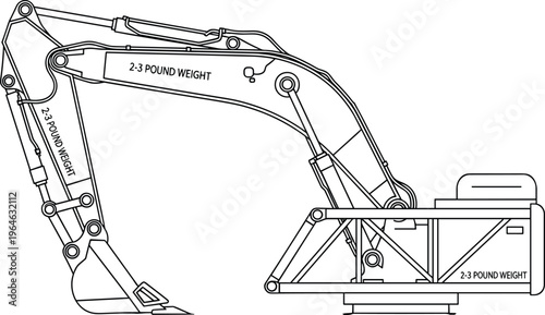 Heavy duty hydraulic excavator technical flat vector outline illustration for industrial construction engineering machinery design projects isolated on white background for coloring.