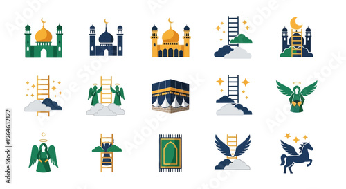 Islamic Icon Set for Isra and Mi'raj with Kaaba Mosque Buraq and Angels. Flat Vector Illustration for Ramadan Kareem and Eid Mubarak.