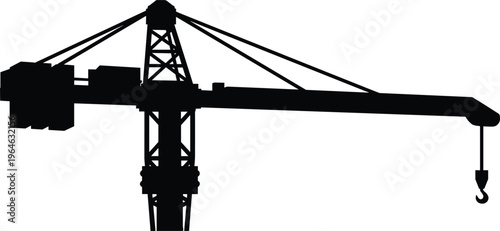 Industrial construction tower crane black silhouette vector illustration for building site heavy machinery and engineering project design isolated on white background.