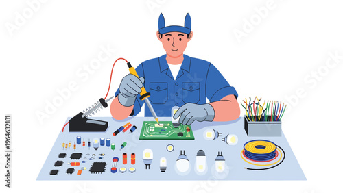 Technician at Work: A skilled technician diligently solders components onto a circuit board, surrounded by an array of electronic parts and tools.