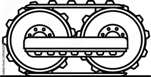 Heavy duty crawler track undercarriage technical flat vector outline illustration for industrial construction machinery engineering and heavy equipment vehicle design projects.