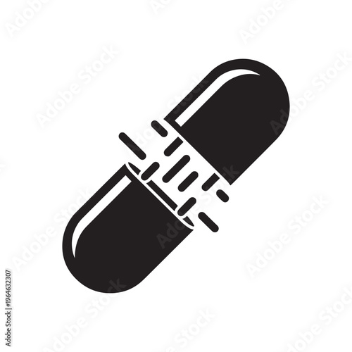 Broken capsule pill symbolizing medical failure, addiction, or pharmaceutical issues in a clean icon, health care, danger sign, black and white