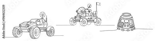 Lunar rover and moon landing capsule vehicles in minimalist continuous line art style