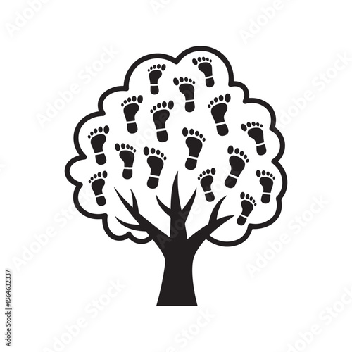 Tree icon with footprint leaves, representing heritage, journey, and family history, black and white