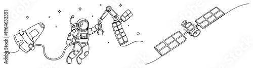 Astronaut floating in outer space repairing a satellite using a robotic arm in minimalist continuous line art style