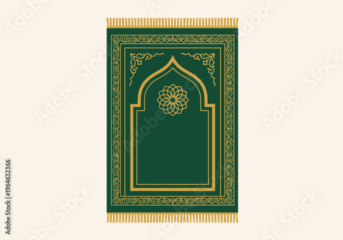 Elegant Green and Gold Islamic Prayer Rug Illustration with Mihrab Design and Floral Patterns for Ramadan and Eid Celebrations