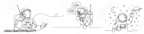 Astronauts communicating with radio and waving among planets and stars in continuous one line drawing style