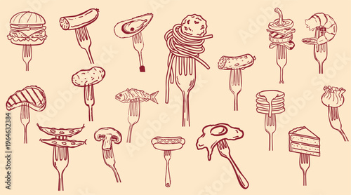 A hand-drawn vector illustration featuring a variety of food items, each balanced on a fork. The collection includes burgers, shrimp, sushi, pasta, fish, and cake, presented in a playful and creative 