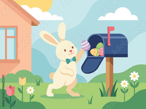 Easter Bunny Delivering Eggs to Mailbox.