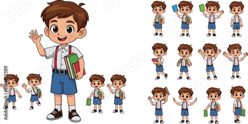 Cartoon School Boy Character with Various Poses, Expressions, and School Supplies for Fun and Educational Illustrations