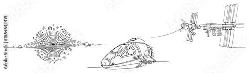 Minimalist one line drawing of a black hole with a space capsule and the international space station in deep space