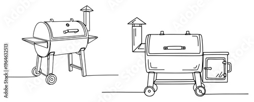 Continuous line art illustration of traditional backyard charcoal smokers and barbecue grills