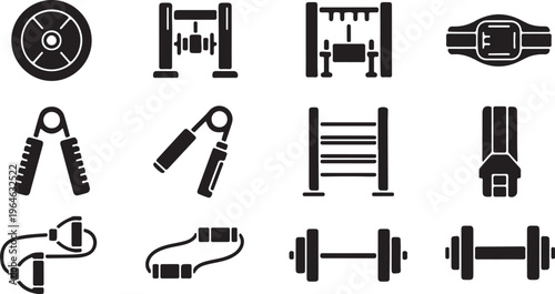 Gym equipment icon set with 12 black vector elements, fitness workout gear symbols, bodybuilding and weightlifting tools for athletic training apps isolated PNG with Transparent Background