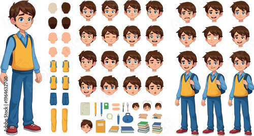 School Boy Character Set with Multiple Poses, Expressions, Accessories, and Outfits for Educational and Animation Designs