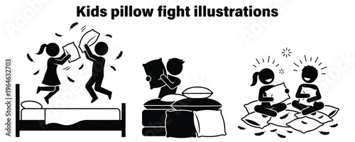 playful children pillow fight illustration in bedroom setting vector art
