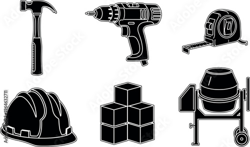 Worker, silhouette, set, construction, industrial, repair, tool, wrench, hammer, saw, man, professional, engineering, maintenance, builder, service, isolated, vector, black, icon