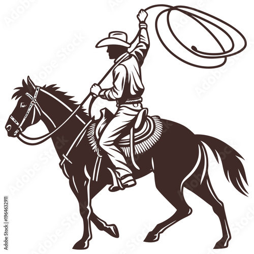 Cowboy silhouette with rope lasso on horse vector illustration isolated on white background for rodeo western design