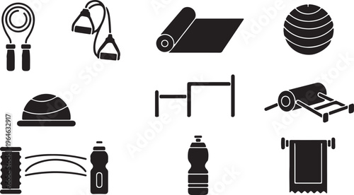 Fitness equipment icon set, black gym workout gear vector collection, pilates and yoga accessories for home training, 10 exercise silhouettes isolated PNG with Transparent Background