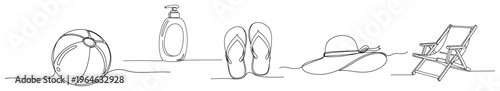 Set of beach holiday accessories in a continuous line art style