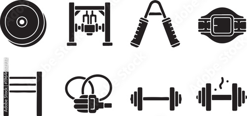 Gym equipment icon set with 8 black solid vectors, fitness workout tools and bodybuilding gear, weightlifting and strength training symbols for mobile apps isolated PNG with Transparent