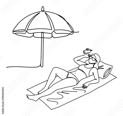 Continuous line drawing of a woman sunbathing under a beach umbrella