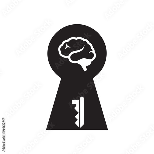 Keyhole silhouette containing a brain icon and a key symbol, representing insight and access