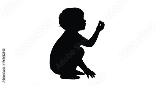 Black silhouette vector graphic illustration of a small child crouching down and observing something closely