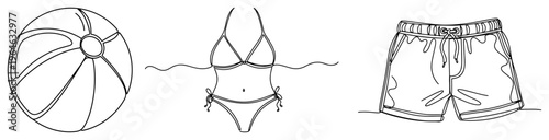 Minimalist one line drawing of summer beachwear and a beach ball