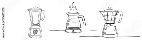 Set of kitchen appliances including blender electric kettle and moka pot in continuous line art