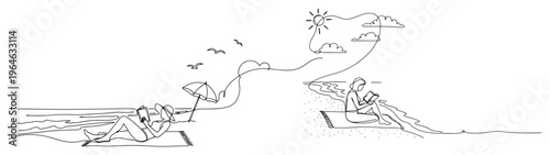 Continuous one line drawing of a woman reading a book on the beach under the sun