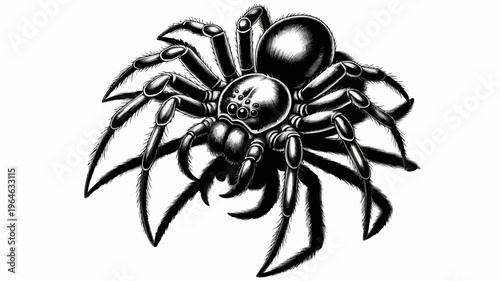 Detailed illustration of a black widow spider with prominent legs and body