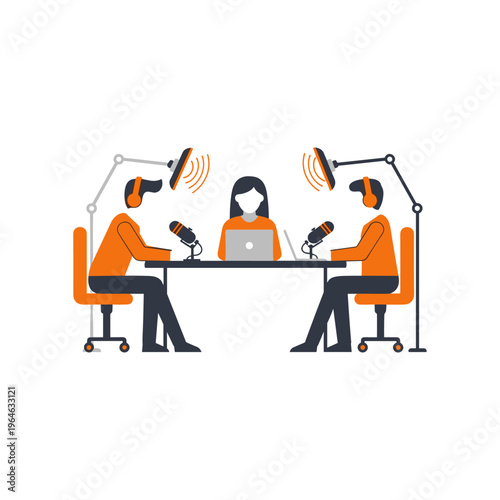 Podcast radio host concept illustration with two men and one woman broadcasting live online.