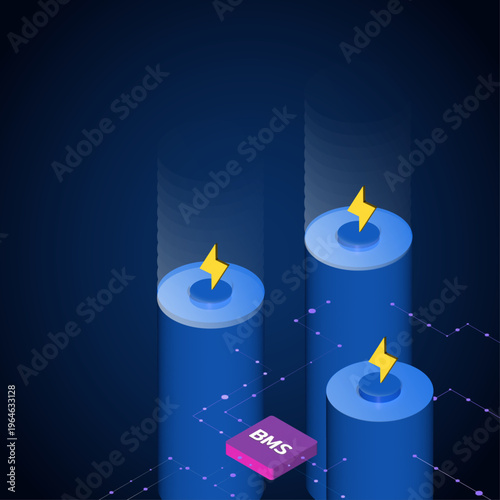 Battery Management System (BMS) Monitoring: Abstract Isometric Illustration Showing Energy Flow Between Battery Cells via Connected Control Unit with Glowing Indicators.