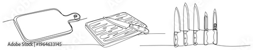 Minimalist one line drawing of kitchen knives cutting board and cooking utensils