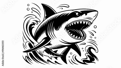 A striking black and white illustration of a shark emerging from the water