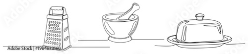 Continuous line drawing of kitchen tools including grater mortar pestle and butter dish