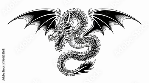Detailed black and white illustration of a majestic eastern dragon with spread wings