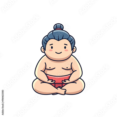 Charming Cartoon Sumo Character Sitting Cross-Legged in a Peaceful Pose, Smiling Mascot Illustration