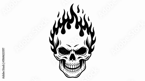 A striking black and white illustration of a skull engulfed in flames