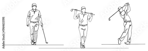 Set of continuous line illustrations showing a professional golfer in different action poses